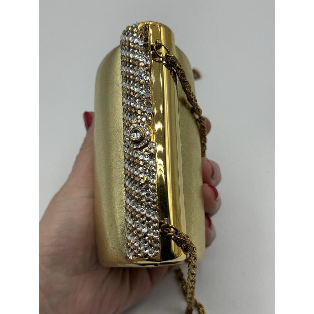 Evening Gold Leather Faux Leather Structured Rhinestone Shoulder Bag Chain Small - Picture 7 of 10